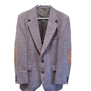 Harris Tweed Mens Wool Blazer SportCoat Burgundy Brown Houndstooth ElbowPatch